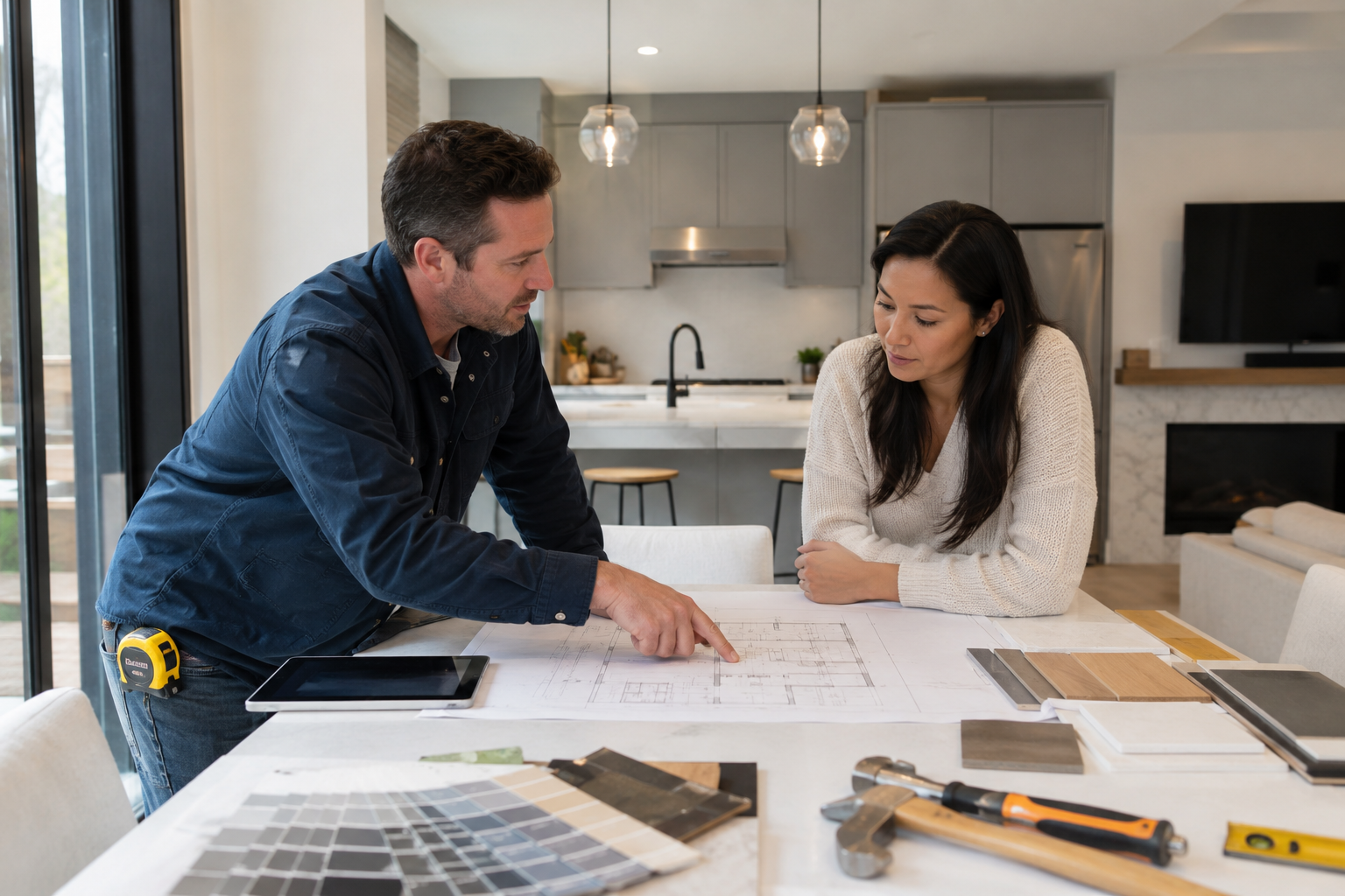 Home remodeling planning meeting in a modern kitchen