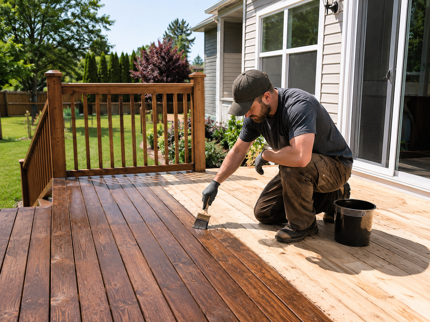 Worker remodeling an outdoor deck patio area