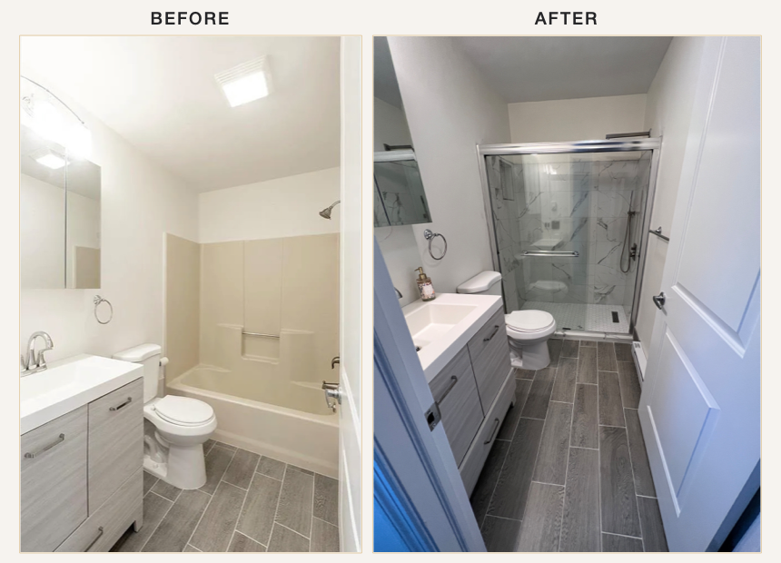 Before: bathroom with a prefabricated tub surround. After: tiled shower with glass doors.