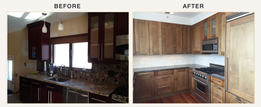 Before and after photographs for Kitchen Remodel in Queens - Wood Accents.