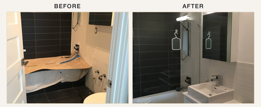 Before and after photographs for Black Tile Bathroom - Brooklyn NY.